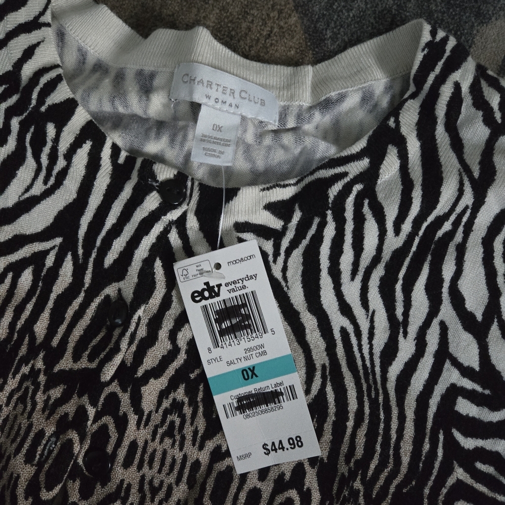 Charter Club Womens Cardigan Sweater Top Black&White Long Sleeve